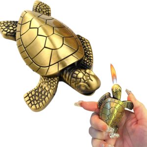 Creative Golden Turtle Desktop Torch Lighter - Portable Gas Lighter with Adjustable Soft Flame, Refillable (Without Butane) - Bronze Gold