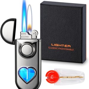 Torch Dual Flame Lighter with 6 Flint Stones, Windproof with Gas Window, Adjustable Soft & Jet Flame, Refillable Butane for Indoor Outdoor - Black