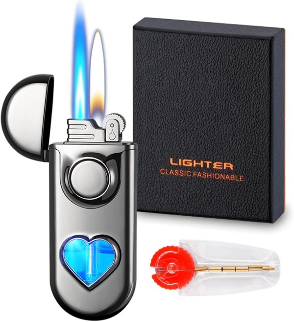 Torch Dual Flame Lighter with 6 Flint Stones, Windproof with Gas Window, Adjustable Soft & Jet Flame, Refillable Butane for Indoor Outdoor - Black