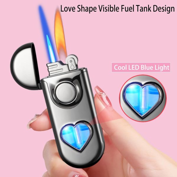 Torch Dual Flame Lighter with 6 Flint Stones, Windproof with Gas Window, Adjustable Soft & Jet Flame, Refillable Butane for Indoor Outdoor - Black - Image 2