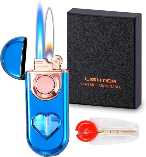 Torch Dual Flame Lighter with 6 Flint Stones, Windproof with Gas Window, Adjustable Soft & Jet Flame, Refillable Butane for Indoor Outdoor - Black - Image 8