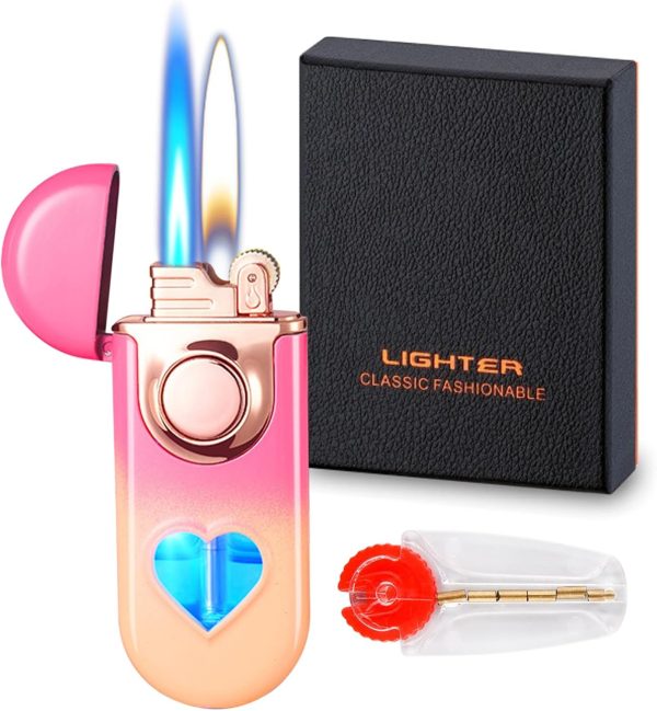 Torch Dual Flame Lighter with 6 Flint Stones, Windproof with Gas Window, Adjustable Soft & Jet Flame, Refillable Butane for Indoor Outdoor - Black - Image 9