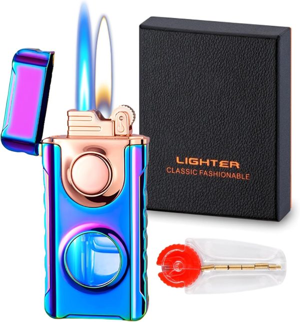 Torch Dual Flame Lighter with 6 Flint Stones, Windproof with Gas Window, Adjustable Soft & Jet Flame, Refillable Butane for Indoor Outdoor - Black - Image 10