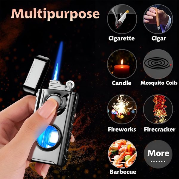 Torch Dual Flame Lighter with 6 Flint Stones, Windproof with Gas Window, Adjustable Soft & Jet Flame, Refillable Butane for Indoor Outdoor - Black - Image 11