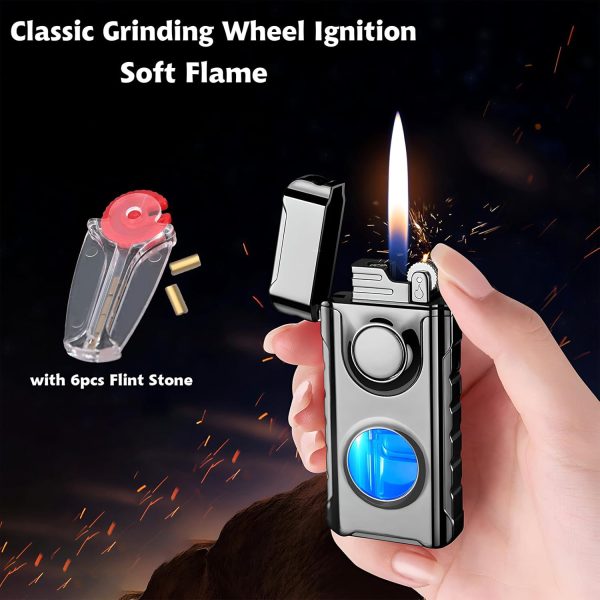 Torch Dual Flame Lighter with 6 Flint Stones, Windproof with Gas Window, Adjustable Soft & Jet Flame, Refillable Butane for Indoor Outdoor - Black - Image 12
