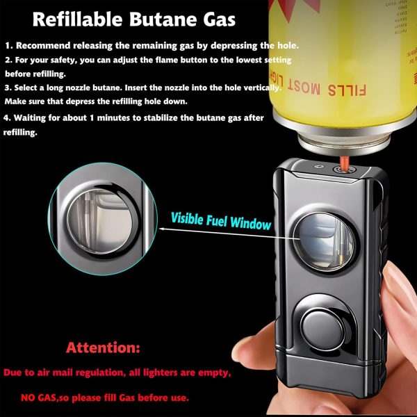 Torch Dual Flame Lighter with 6 Flint Stones, Windproof with Gas Window, Adjustable Soft & Jet Flame, Refillable Butane for Indoor Outdoor - Black - Image 13