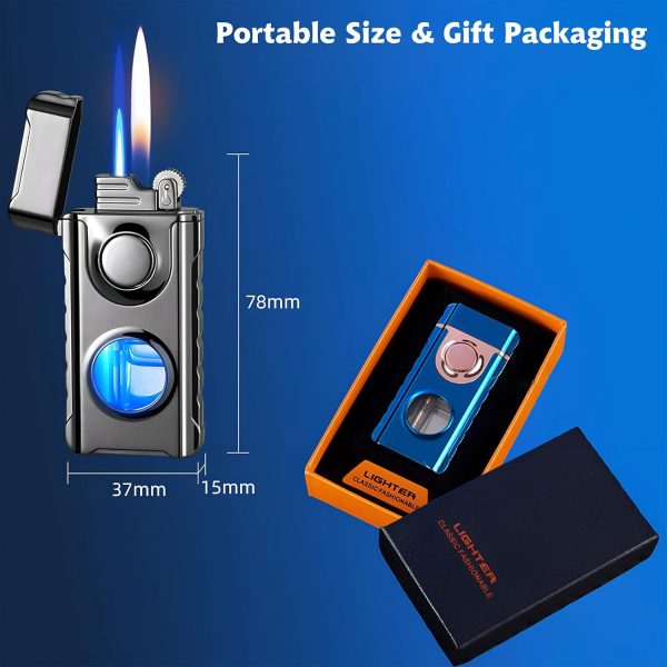 Torch Dual Flame Lighter with 6 Flint Stones, Windproof with Gas Window, Adjustable Soft & Jet Flame, Refillable Butane for Indoor Outdoor - Black - Image 16