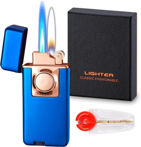 Torch Dual Flame Lighter with 6 Flint Stones, Windproof with Gas Window, Adjustable Soft & Jet Flame, Refillable Butane for Indoor Outdoor - Black - Image 18