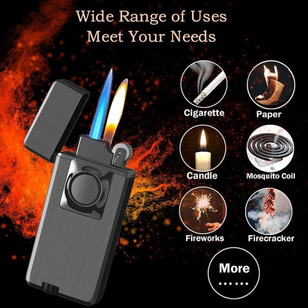 Torch Dual Flame Lighter with 6 Flint Stones, Windproof with Gas Window, Adjustable Soft & Jet Flame, Refillable Butane for Indoor Outdoor - Black - Image 20