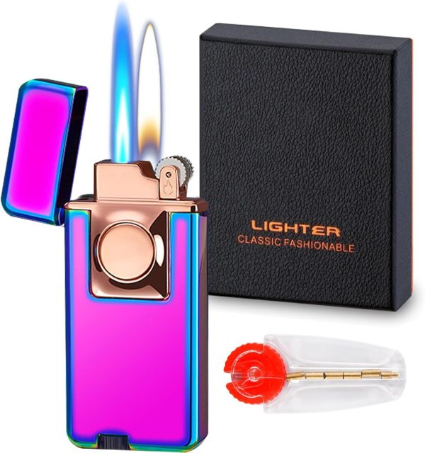 Torch Dual Flame Lighter with 6 Flint Stones, Windproof with Gas Window, Adjustable Soft & Jet Flame, Refillable Butane for Indoor Outdoor - Black - Image 26