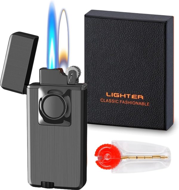 Torch Dual Flame Lighter with 6 Flint Stones, Windproof with Gas Window, Adjustable Soft & Jet Flame, Refillable Butane for Indoor Outdoor - Black - Image 27