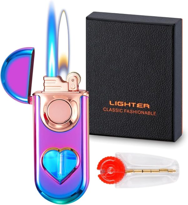 Torch Dual Flame Lighter with 6 Flint Stones, Windproof with Gas Window, Adjustable Soft & Jet Flame, Refillable Butane for Indoor Outdoor - Black - Image 28