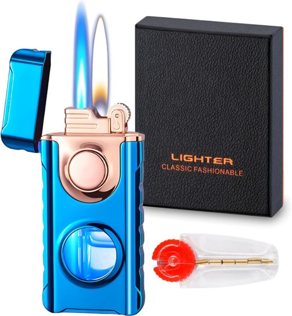 Torch Dual Flame Lighter with 6 Flint Stones, Windproof with Gas Window, Adjustable Soft & Jet Flame, Refillable Butane for Indoor Outdoor - Black - Image 29