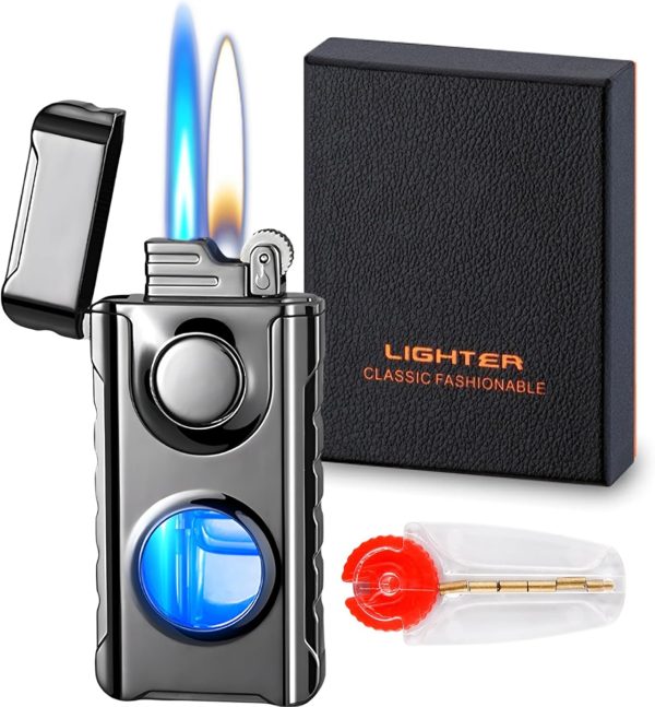 Torch Dual Flame Lighter with 6 Flint Stones, Windproof with Gas Window, Adjustable Soft & Jet Flame, Refillable Butane for Indoor Outdoor - Black - Image 30