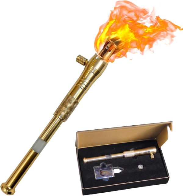 Torch Lighter, Upgraded Long Handle Trench Lighter Fluid Refillable with Visible Fuel Tank, Windproof Vintage Lighter with 5pcs Flint Stone, Cool Kerosene Lighter for Outdoor Camping Collection Gifts