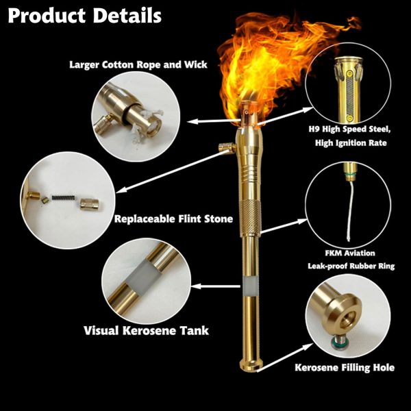Torch Lighter, Upgraded Long Handle Trench Lighter Fluid Refillable with Visible Fuel Tank, Windproof Vintage Lighter with 5pcs Flint Stone, Cool Kerosene Lighter for Outdoor Camping Collection Gifts - Image 2