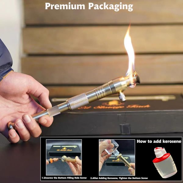 Torch Lighter, Upgraded Long Handle Trench Lighter Fluid Refillable with Visible Fuel Tank, Windproof Vintage Lighter with 5pcs Flint Stone, Cool Kerosene Lighter for Outdoor Camping Collection Gifts - Image 6